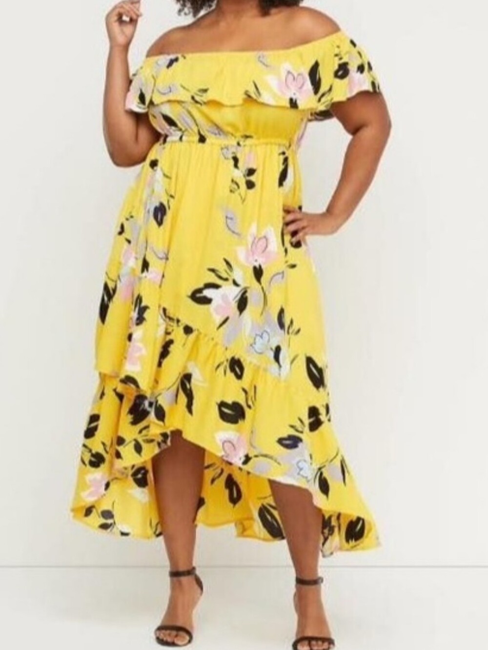 Lane Bryant Off-Shoulder Ruffle Maxi Dress Layers Vibrant Yellow Floral Sz 26/28